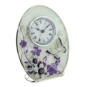 Sophia Glass & Wire Oval Mantel Clock - Purple Butterfly