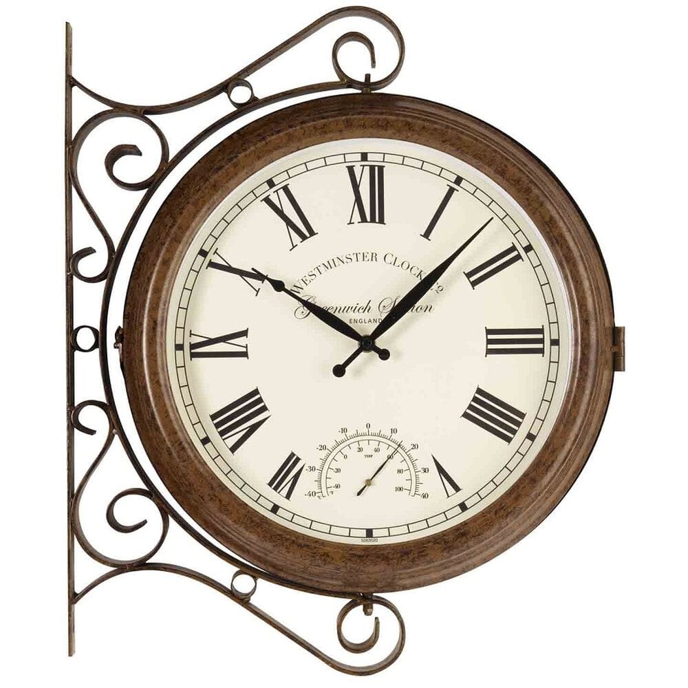 Greenwich Station Double Sided Outdoor Wall Clock with Thermometer 38cm