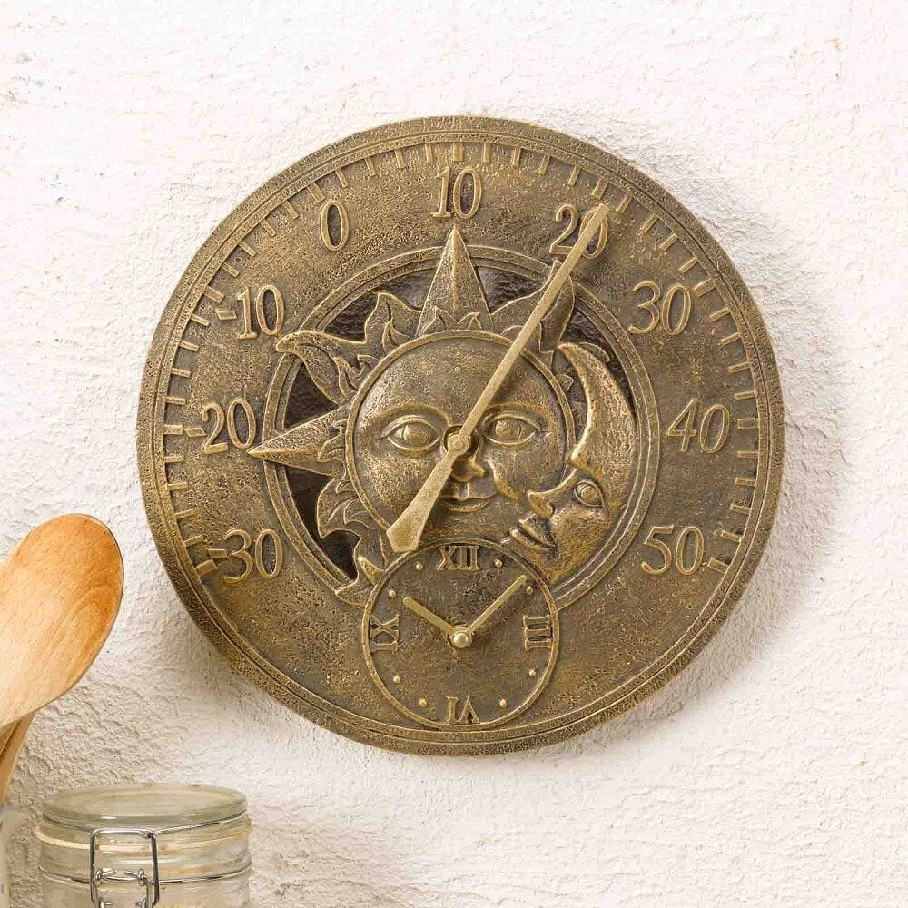sun and moon outdoor garden thermometer with clock
