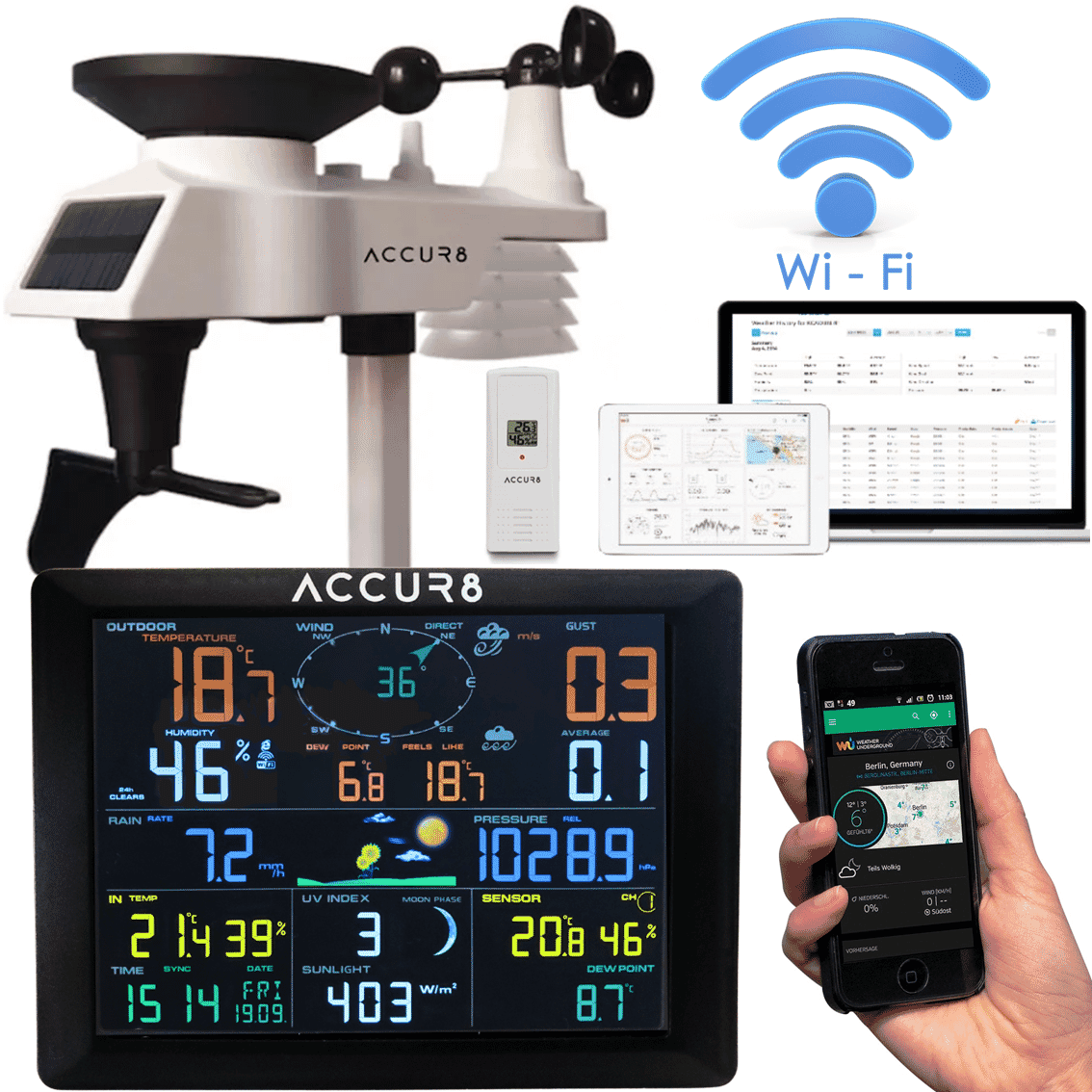 ACCUR8 DWS7100 7-in-1 Complete WiFi Weather Station With Light