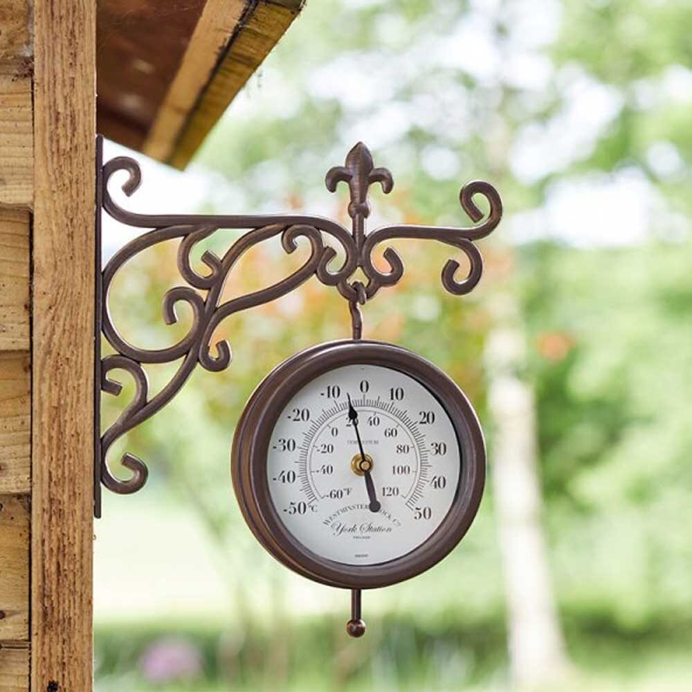 wrought iron outdoor clock thermometer