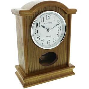 Oak Finish Wooden Mantel Clock Broken Arch Top Silver Bezel 16.5cm