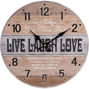 Woodplank Effect Wall Clock Live, Laugh, Love 34cm